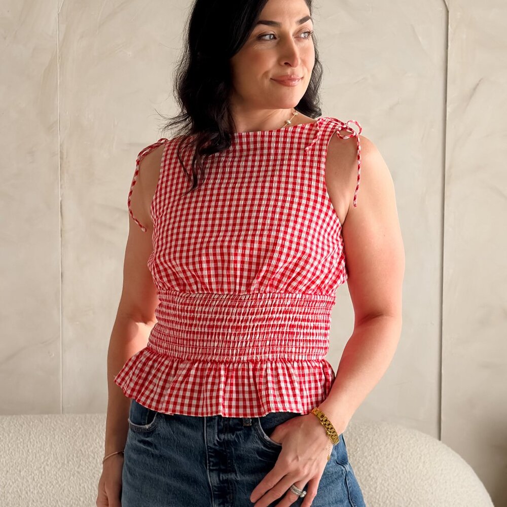 Red Gingham Smocked Peplum Top – Tie Shoulder Detail